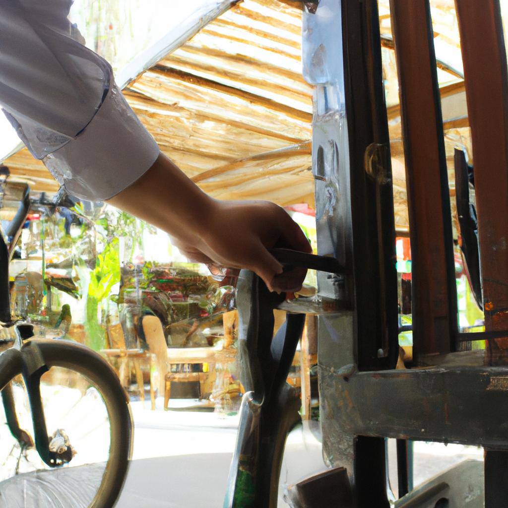 Person locking bicycle at restaurant