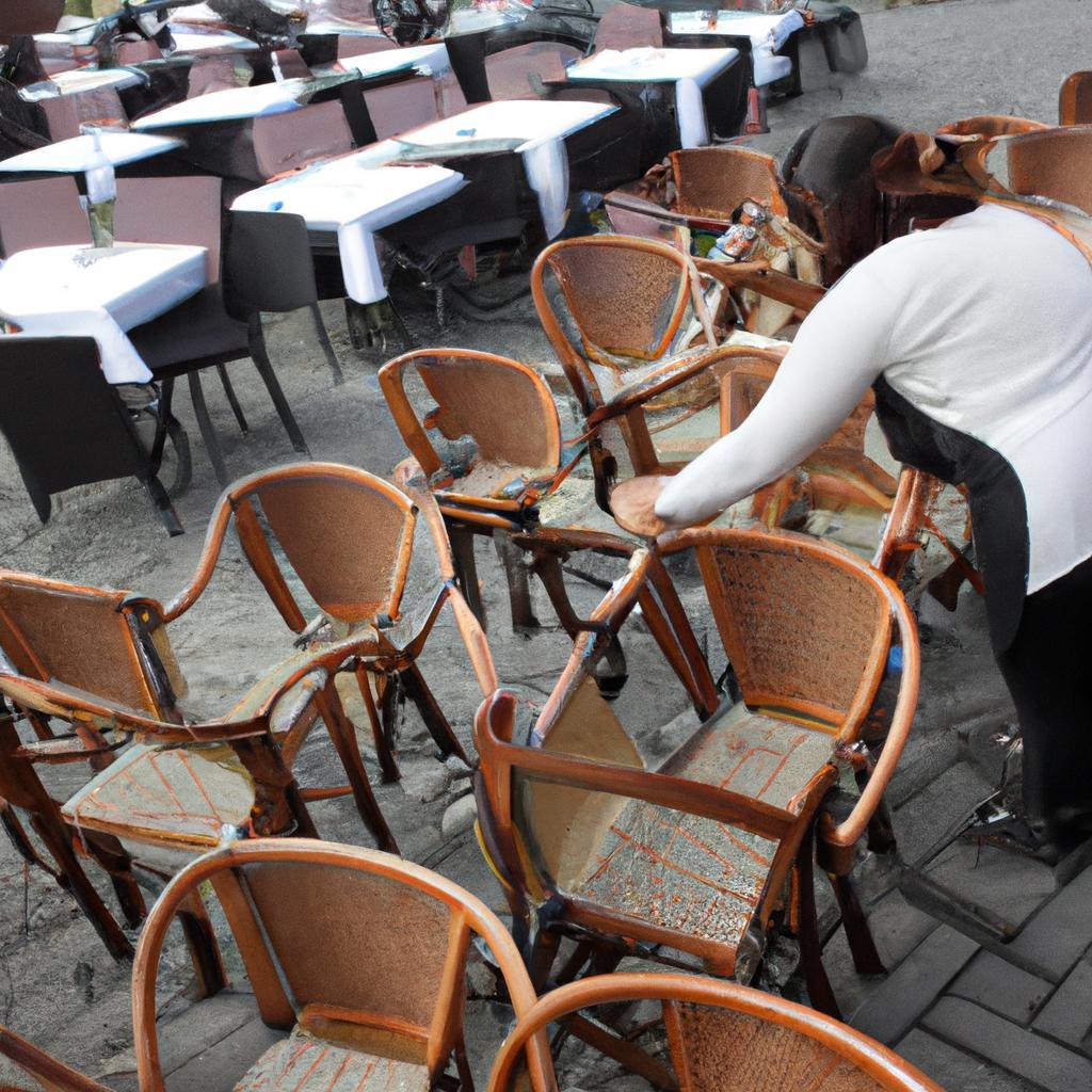 Person arranging outdoor restaurant seating