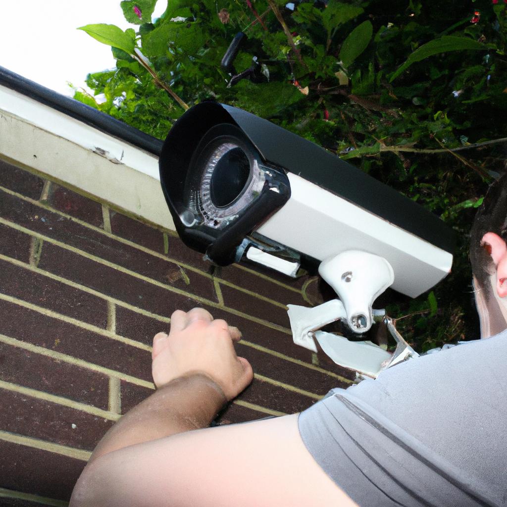 Person installing security cameras outside