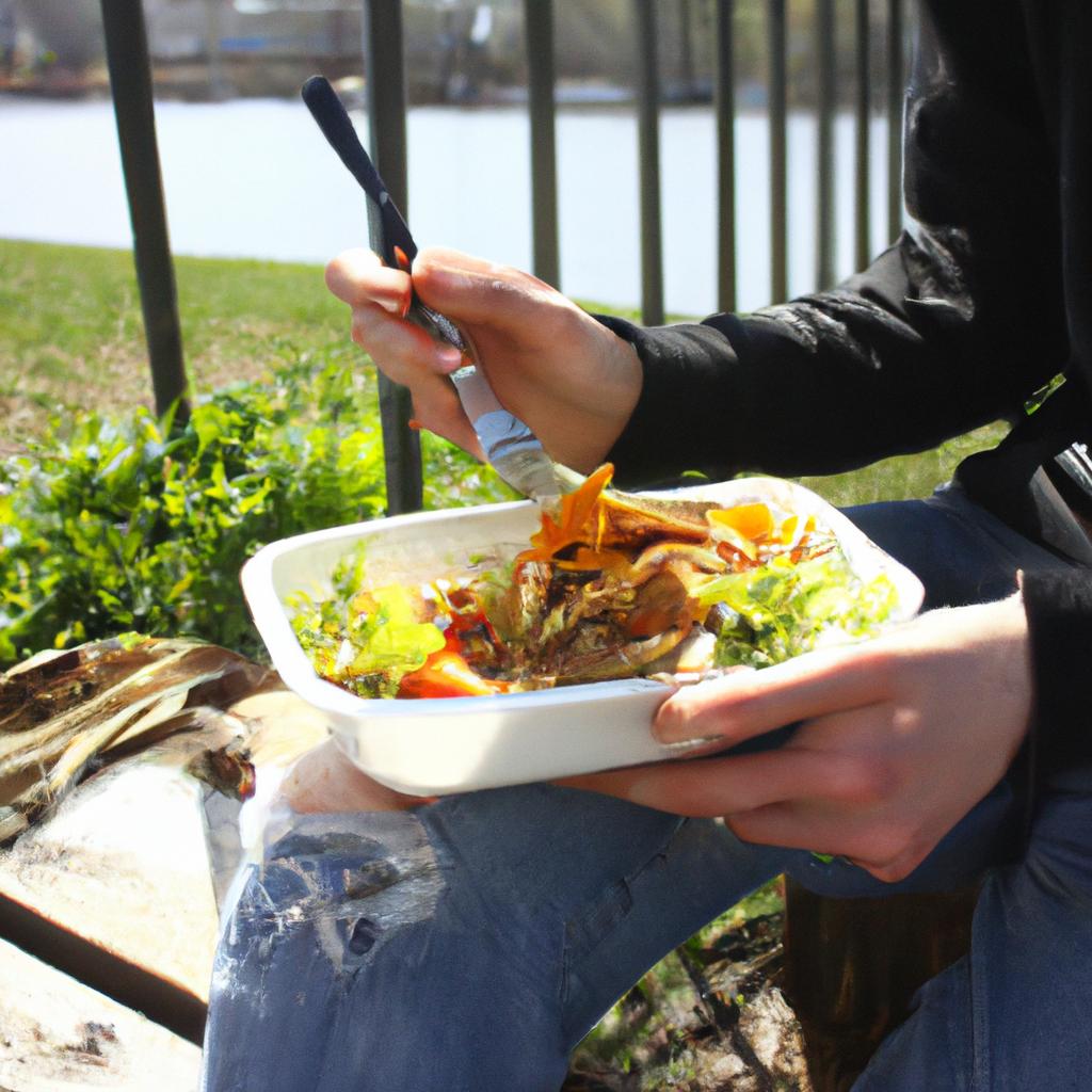Person enjoying vegan meal outdoors