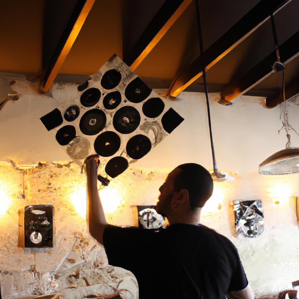 Person hanging artwork in restaurant